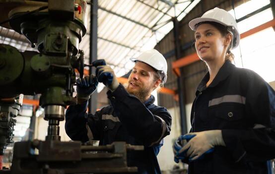 Both of mechanical engineers are checking the working condition of an old machine that has been used for some time. In a factory where natural light shines onto the workplace photo