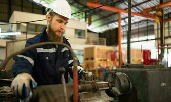 Portrait of mechanical engineers are checking the working condition of an old machine that has been used for some time. In a factory where natural light shines onto the workplace photo