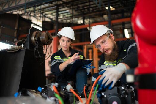 ambos de ingenieros instalando un pequeño robótico brazo es siendo instalado para pruebas. antes de enviando a clientes para industrial usar. foto