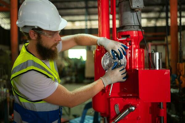 Mechanical engineers are checking the working condition of the new machine after completing the installation