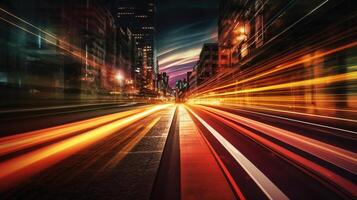 Abstract dynamic speed light trails with long exposure in an urban environment. photo