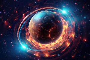 Abstract technology concept with glowing planet in space. photo