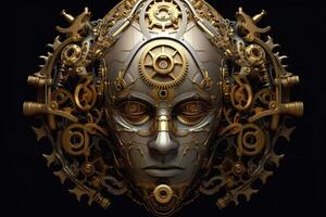 a robot head face made of gears and clock. metal parts, steam punk. photo