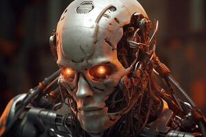 A future cyborg robot head with red light eyes that is frightening. photo