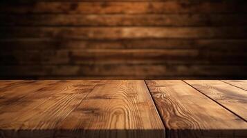 Empty wood table background for product placement. photo
