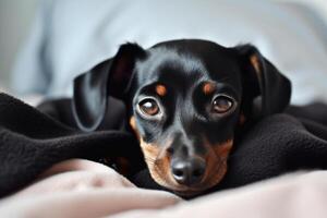 Pamper dog in bed. photo