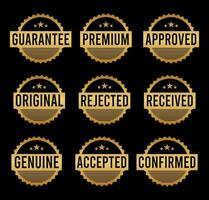 Gold Stamp design set - premium quality, guaranteed, approved, sold out, postponed, confirmed, genuine, original. vector