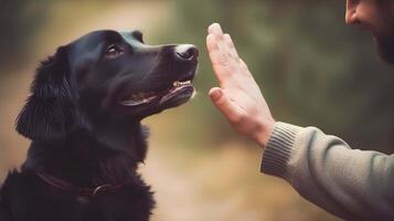 A man trains a black dog. A man gives a command to a dog. The hand shows the command to the dog. . photo