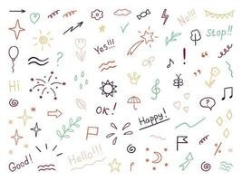 Hand drawn set of abstract doodle elements. Decorative illustrations in sketch style. Arrows, heart, stars, flowers, hearts, signs and symbols. Vector illustration isolated on white background