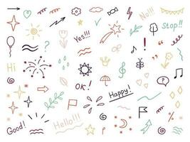 Hand drawn set of abstract doodle elements. Decorative illustrations in sketch style. Arrows, heart, stars, flowers, hearts, signs and symbols. Vector illustration isolated on white background