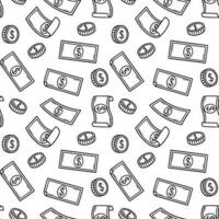 Seamless pattern of raining money doodle. Falling Dollar Banknotes, gold coins in sketch style. Vector illustration