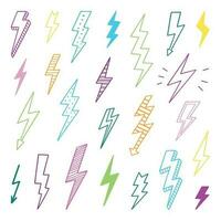 Lightning doodle set. Thunder in sketch style. Hand drawn vector illustration isolated on white background