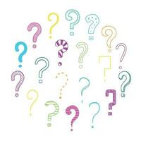 Hand drawn set of question marks doodle. Different interrogation signs in sketch style.  Vector illustration isolated on white background.