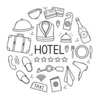 Hotel service doodle set. Suitcase, passport, bathrobe, dryer in sketch style. Hand drawn vector illustration isolated on white background