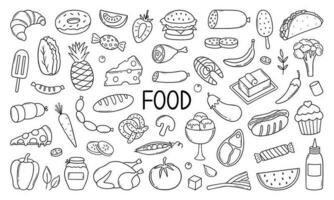 Food ingredient doodle set.  Fruits, vegetables, sweets, bakery, fast food in sketch style. Hand drawn vector illustration isolated on white background