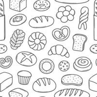 Seamless pattern of bread and bakery doodle set. Bagel, croissant, baguette, bun, cookie, donut, sliced bread in sketch style. Hand drawn vector illustration