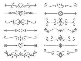 Text dividers doodle set. Wedding decorative elements with leaves, swirls, hearts. Divider ornament, borders, lines. Hand drawn vector illustration isolated on white background