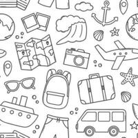 Seamless pattern of travel doodle. Summer vacation, tourism elements in sketch style. bag, ticket, transport, camera, map. Summer Adventure. Hand drawn vector illustration.