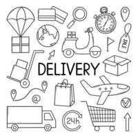 Delivery service doodle set. Online shopping in sketch style.  Hand drawn vector illustration isolated on white background.