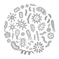 Bacteria and Viruses doodle set. Microorganism in sketch style. Hand drawn vector illustration isolated on white background