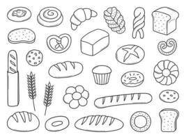 Bread and bakery doodle set. Bagel, croissant, baguette, bun, cookie, donut, sliced bread in sketch style. Hand drawn vector illustration isolated on white background