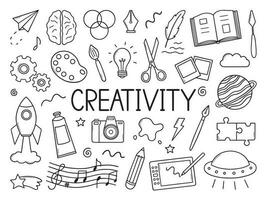 Creativity doodle set. Art in sketch style. Hand drawn vector illustration isolated on white background.