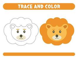 Trace and color cute lion. Worksheet for kids vector