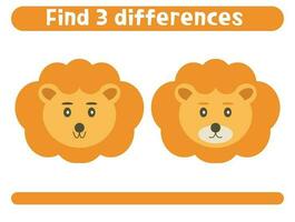 Find three differences. Cute little lion. Worksheet for kids. vector