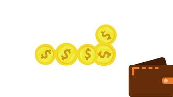 dinheiro transferir, ouro moedas entre carteiras, economia conceito. 4k animê vídeos. 2d animação video