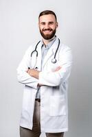 ai generado retrato de un médico vistiendo médico túnica foto