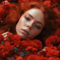 Portrait of a woman lying among flowers photo