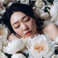 portrait of a woman lying among flowers photo