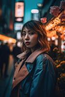 ai generado retrato de un asiático mujer en el ciudad foto