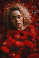 Portrait of a woman lying among flowers photo