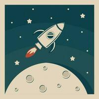 Vector Retro Illustration Spaceship Flight to the Moon Vintage Texture