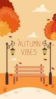 Autumn Landscape Vertical Template Background Park Bench Street Lights and Autumn Trees vector