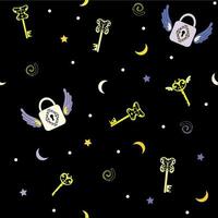 Seamless pattern  for kids. Magic keys with padlock, star and moon. For textile, wrapping paper, box, wallpaper vector