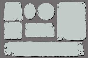 Set of Simple Stone tablet, rock banner with cracked elements in cartoon style isolated. Grey frame, block boulder for interface ui games. vector