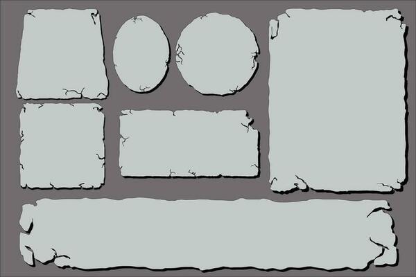 Set of Simple Stone tablet, rock banner with cracked elements in cartoon style isolated. Grey frame, block boulder for interface ui games.