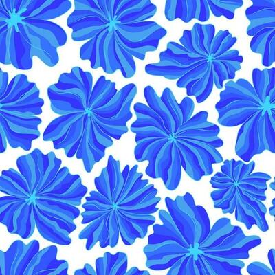 Wavy flowers seamless pattern. Blue exotic plants textile surface. Floral seamless background