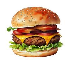 Watercolor illustration fast food hamburger , created with generative AI photo