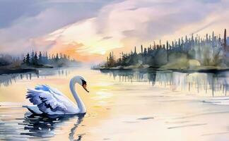 Watercolor animal template background swan with beautiful landscape, created with generative AI photo