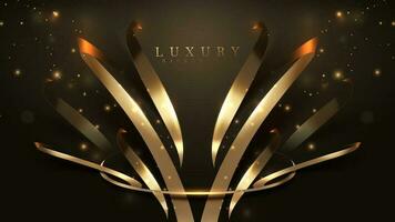 Abstract black luxury background with gold ribbon elements and light effect decorations and bokeh. vector