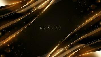 Abstract black luxury background with gold ribbon elements and light effect decorations and bokeh. vector