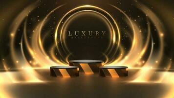 Golden podium for showing products and light ray effect motion elements around and bokeh decorations on dark scene, Black luxury background. vector