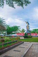 October 13, 2021, Pangandaran, West java, Indonesia - The marlin fish monument park on Pangandaran beach is provided for tourists to rest, take pictures and wait for the sunset photo