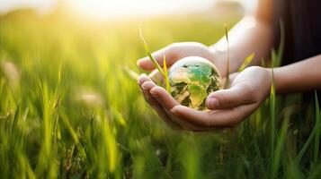 hembra manos sostener el planeta en contra el antecedentes de verde césped, ecología y conservación tema. ai generado foto