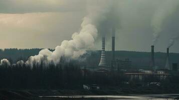 polluting factory background with lots of black smoke chimneys, production emissions, nature pollution theme photo