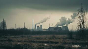 polluting factory background with lots of black smoke chimneys, production emissions, nature pollution theme photo