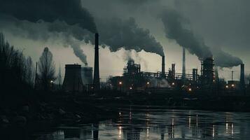 polluting factory background with lots of black smoke chimneys, production emissions, nature pollution theme photo